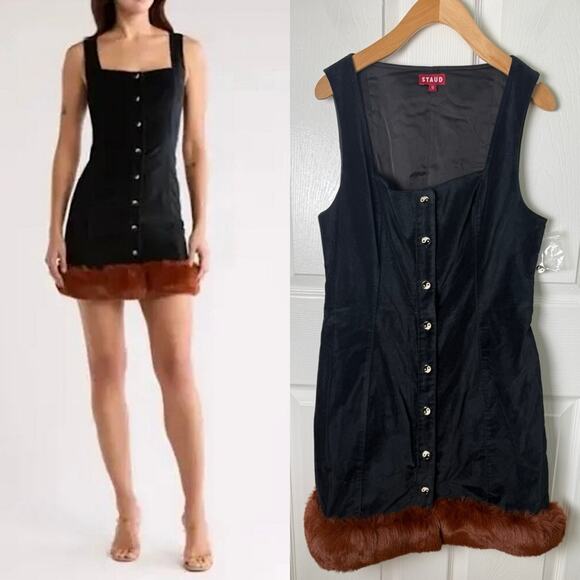 Staud Black Velvet Fur Trim Yin Yang Mini Dress 10 - Picture 1 of 8